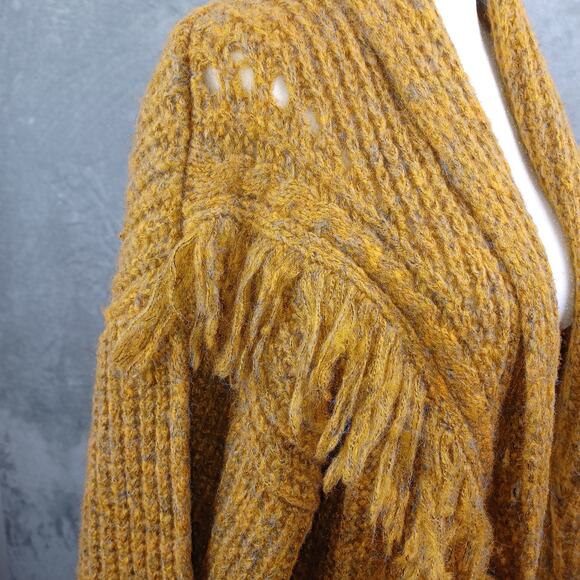Anthropologie Stevie Boho Fringe Cardigan Sweater Mustard Chunky Oversized OS - Picture 3 of 12